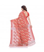 Tamarind Leaf Resham Dhakai Jamdani Bengal Pure Cotton Handloom Saree Whole Body Design without Blouse Piece (Red Black)