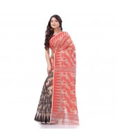 Tamarind Leaf Resham Dhakai Jamdani Bengal Pure Cotton Handloom Saree Whole Body Design without Blouse Piece (Red Black)