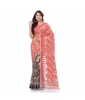 Tamarind Leaf Resham Dhakai Jamdani Bengal Pure Cotton Handloom Saree Whole Body Design without Blouse Piece (Red Black)