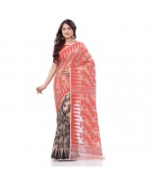 Tamarind Leaf Resham Dhakai Jamdani Bengal Pure Cotton Handloom Saree Whole Body Design without Blouse Piece (Red Black)