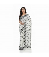  Pure Cotton Sreemoyee Design Handloom Saree with Blouse Piece (White Black)