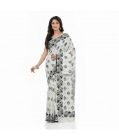  Pure Cotton Sreemoyee Design Handloom Saree with Blouse Piece (White Black)