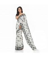  Pure Cotton Sreemoyee Design Handloom Saree with Blouse Piece (White Black)