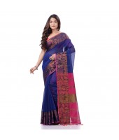 Tant Cotton Silk Handloom Cotton Saree Pushpomala With Blouse Piece (Blue Pink)