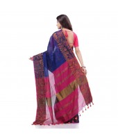 Tant Cotton Silk Handloom Cotton Saree Pushpomala With Blouse Piece (Blue Pink)