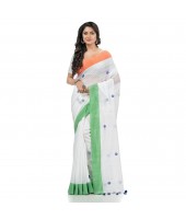 dB DESH BIDESH Women's Tri Color Pure Handloom Cotton Saree With Blouse Piece (Independance Day Saree Orange White Green)