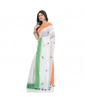 dB DESH BIDESH Women's Tri Color Pure Handloom Cotton Saree With Blouse Piece (Independance Day Saree Orange White Green)