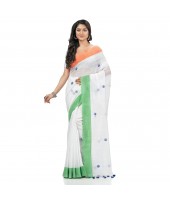 dB DESH BIDESH Women's Tri Color Pure Handloom Cotton Saree With Blouse Piece (Independance Day Saree Orange White Green)