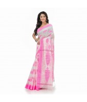 Bengali Tant Pure Cotton Handloom Saree Potro Leaf Design With Blouse Piece (Pink)