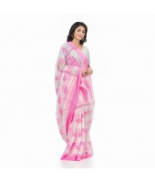 Bengali Tant Pure Cotton Handloom Saree Potro Leaf Design With Blouse Piece (Pink)