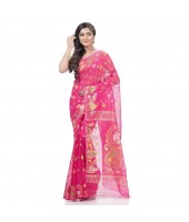 Mayur Pekham Zari Work Resham Dhakai Jamdani Pure Cotton Handloom Saree (Pink)