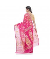 Mayur Pekham Zari Work Resham Dhakai Jamdani Pure Cotton Handloom Saree (Pink)