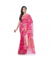 Mayur Pekham Zari Work Resham Dhakai Jamdani Pure Cotton Handloom Saree (Pink)