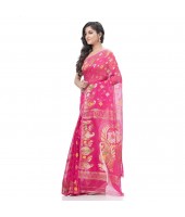 Mayur Pekham Zari Work Resham Dhakai Jamdani Pure Cotton Handloom Saree (Pink)