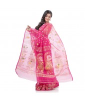 Mayur Pekham Zari Work Resham Dhakai Jamdani Pure Cotton Handloom Saree (Pink)