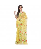 Kaveri Flower Design Dhakai jamdani Bengal Pure Cotton Handloom Saree Whole Body Design (Yellow)