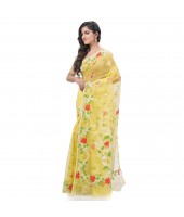 Kaveri Flower Design Dhakai jamdani Bengal Pure Cotton Handloom Saree Whole Body Design (Yellow)