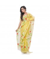 Kaveri Flower Design Dhakai jamdani Bengal Pure Cotton Handloom Saree Whole Body Design (Yellow)