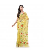 Kaveri Flower Design Dhakai jamdani Bengal Pure Cotton Handloom Saree Whole Body Design (Yellow)