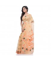 Kaveri Flower Design Dhakai jamdani Bengal Pure Cotton Handloom Saree Whole Body Design (Orange)