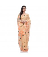 Kaveri Flower Design Dhakai jamdani Bengal Pure Cotton Handloom Saree Whole Body Design (Orange)