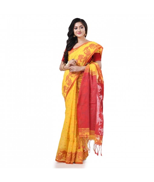 dB DESH BIDESH Women`s Tant Cotton Silk Handloom Cotton Blend Saree Pushpomala Work With Blouse Piece