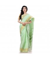 Bengal Tant Zari Kerala Printed Pure Handloom Cotton Saree Without Blouse Piece (Green Gold)