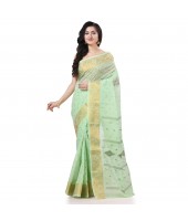 Bengal Tant Zari Kerala Printed Pure Handloom Cotton Saree Without Blouse Piece (Green Gold)