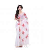 Handloom Cotton Blend Saree Uma Embroidery Work Design With Blouse Piece (White)