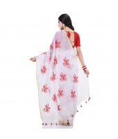 Handloom Cotton Blend Saree Uma Embroidery Work Design With Blouse Piece (White)