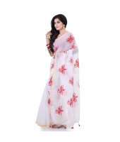 Handloom Cotton Blend Saree Uma Embroidery Work Design With Blouse Piece (White)