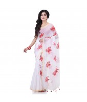 Handloom Cotton Blend Saree Uma Embroidery Work Design With Blouse Piece (White)