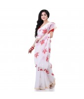 Handloom Cotton Blend Saree Uma Embroidery Work Design With Blouse Piece (White)