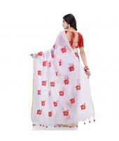  Handloom Cotton Blend Saree Hibicus Joba Flower Embroidery Design With Blouse Piece (White)