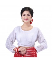 dB DESH BIDESH Women's Cotton Trendy Hakoba Chikankari Work Full Sleeve Round Neck Readymade Saree Blouse (Free Size)