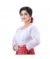 dB DESH BIDESH Women's Cotton Trendy Hakoba Chikankari Work Full Sleeve Round Neck Readymade Saree Blouse (Free Size)