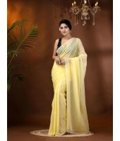 dB DESH BIDESH Women`s Fancy Trendy Solid Transparent Design Pure Cotton Handloom MulMul Saree (Yellow)