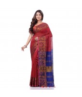 Tant Cotton Silk Handloom Cotton Saree Pushpomala With Blouse Piece  (Red Blue)