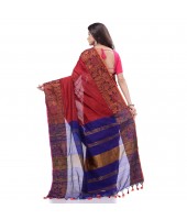 Tant Cotton Silk Handloom Cotton Saree Pushpomala With Blouse Piece  (Red Blue)