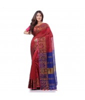 Tant Cotton Silk Handloom Cotton Saree Pushpomala With Blouse Piece  (Red Blue)