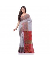 Tant Cotton Silk Handloom Cotton Saree Pushpomala With Blouse Piece (Gray Red)