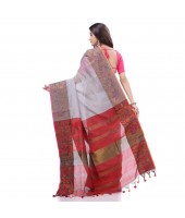 Tant Cotton Silk Handloom Cotton Saree Pushpomala With Blouse Piece (Gray Red)