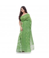 Tamarind Leaf Resham Dhakai Jamdani Pure Cotton Handloom Saree Design without Blouse Piece(Green White)