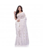 Traditional Tamarind Leaf Resham Dhakai Jamdani Pure Cotton Handloom Saree without Blouse Piece(White)