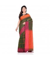 Traditional Bengali Begampuri Handloom Cotton Saree With Blouse Piece (Pesta Green Orange)