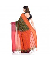 Traditional Bengali Begampuri Handloom Cotton Saree With Blouse Piece (Pesta Green Orange)