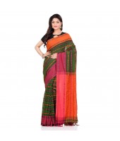 Traditional Bengali Begampuri Handloom Cotton Saree With Blouse Piece (Pesta Green Orange)