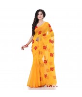  Handloom Cotton Blend Saree Hibicus Joba Flower Embroidery Design With Blouse Piece (Yellow)