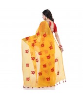  Handloom Cotton Blend Saree Hibicus Joba Flower Embroidery Design With Blouse Piece (Yellow)