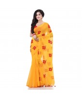  Handloom Cotton Blend Saree Hibicus Joba Flower Embroidery Design With Blouse Piece (Yellow)